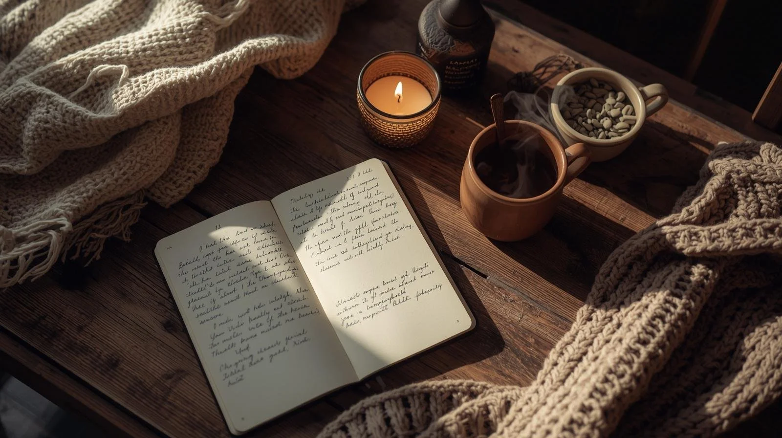 Cozy journal and cup of tea on wooden table in Illinois, symbolizing fresh New Year therapy goals.
