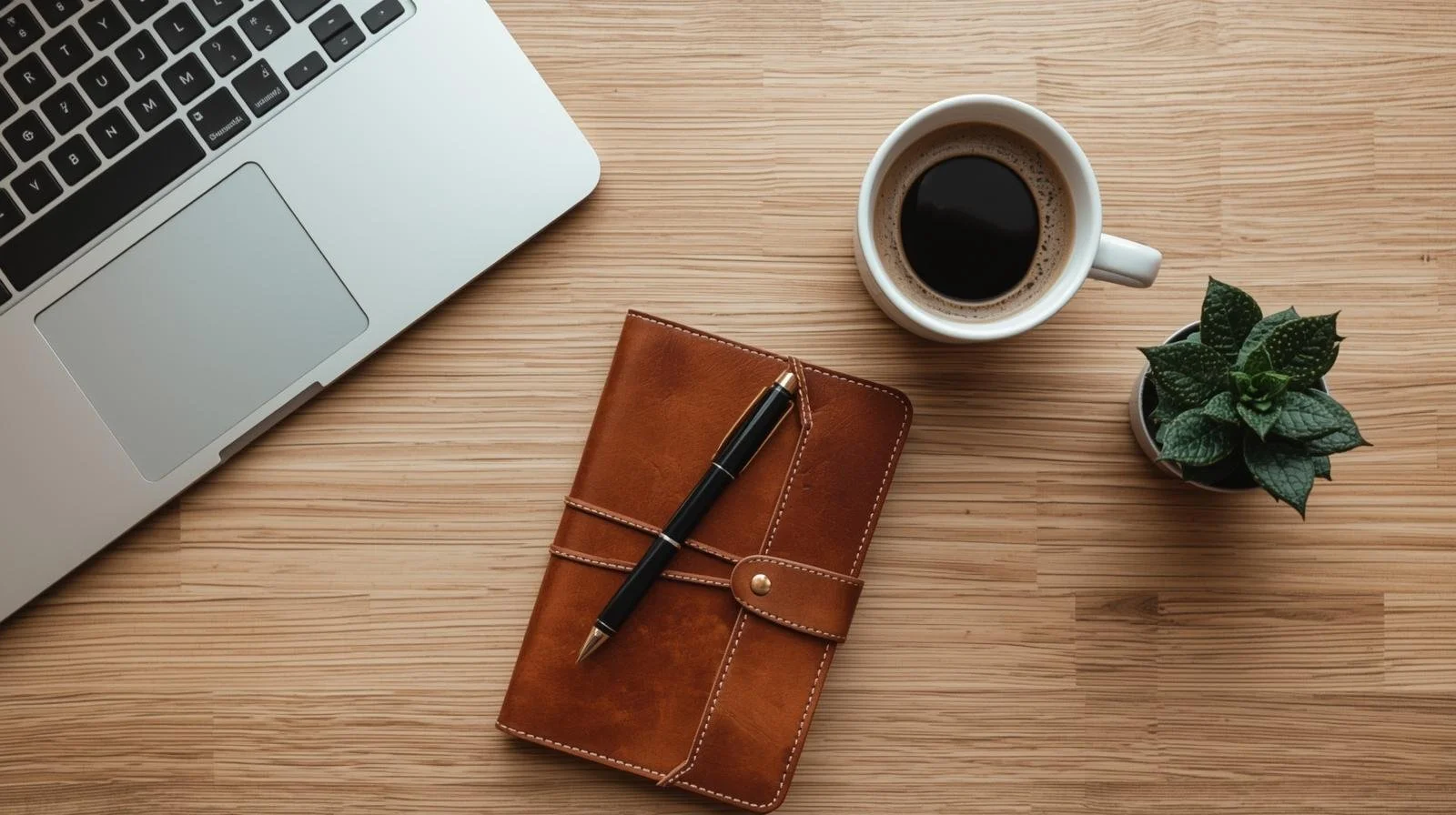Cozy desk setup with a closed laptop, journal, and coffee cup in Illinois, symbolizing therapy support for career anxiety and burnout.