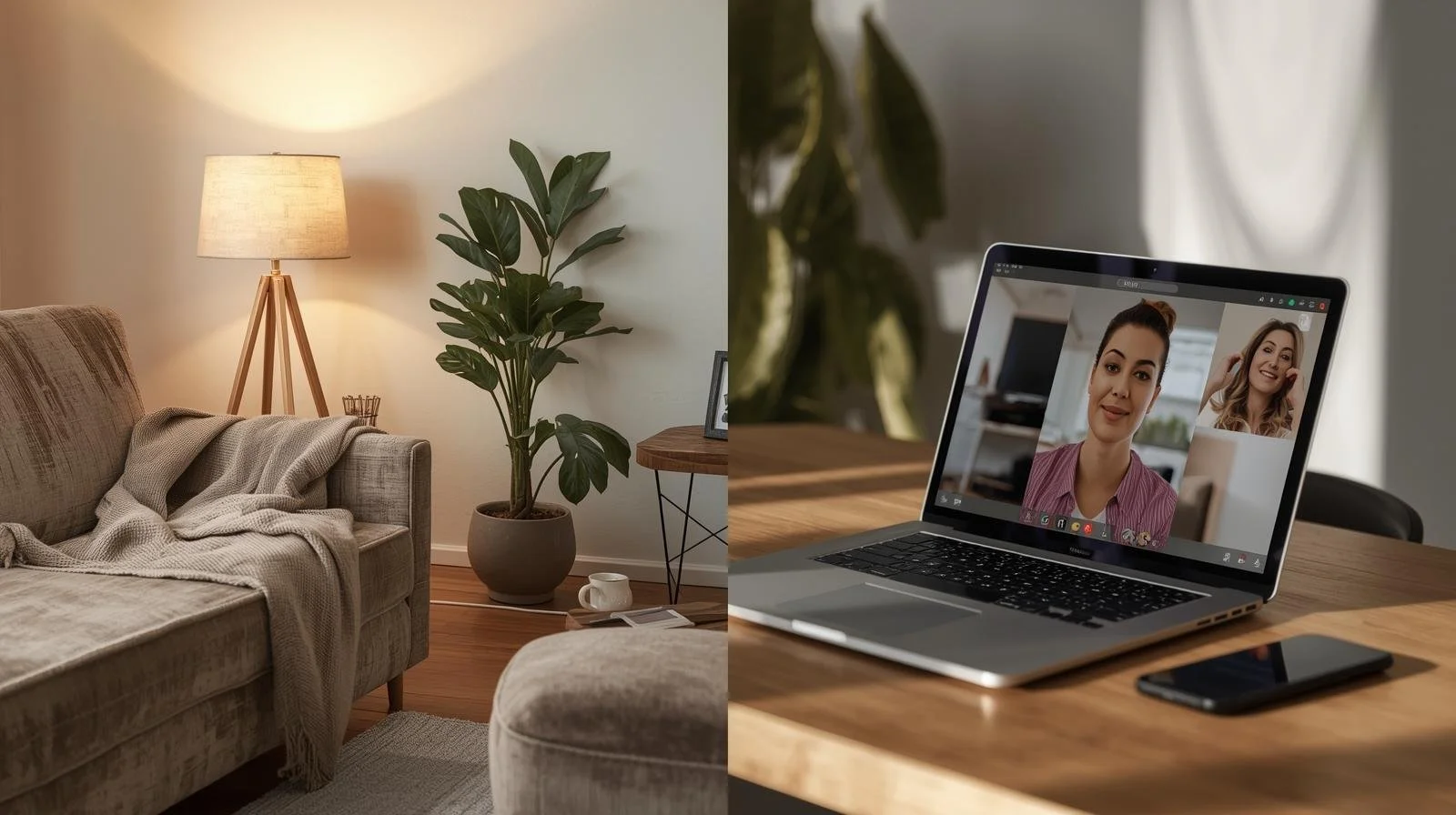 Split scene showing therapy office and laptop setup in Illinois, comparing telehealth and in-person therapy options.