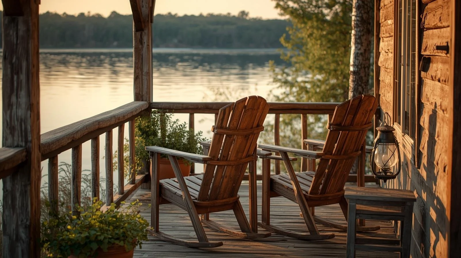 Two wooden chairs on a lake house porch at sunrise in Illinois, overlooking calm water and symbolizing togetherness in EFT couples therapy.