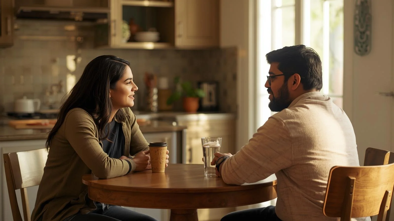 Olive-green teapot and cups on a cream-patterned cloth in Illinois, symbolizing family conversations about therapy and mental health.