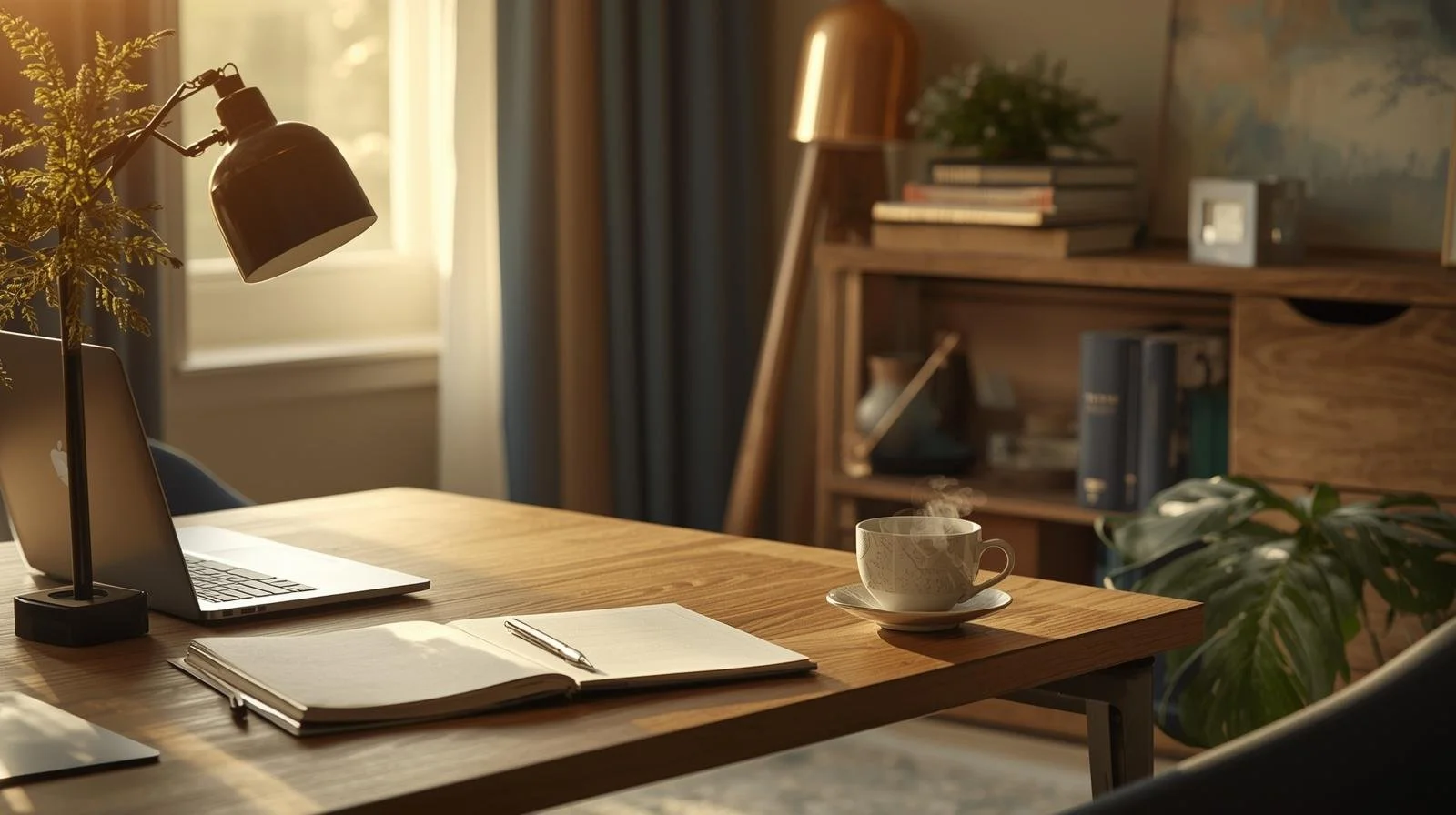 Calm home office with natural light and earthy tones, representing therapy insurance and private pay options in Illinois and Michigan.