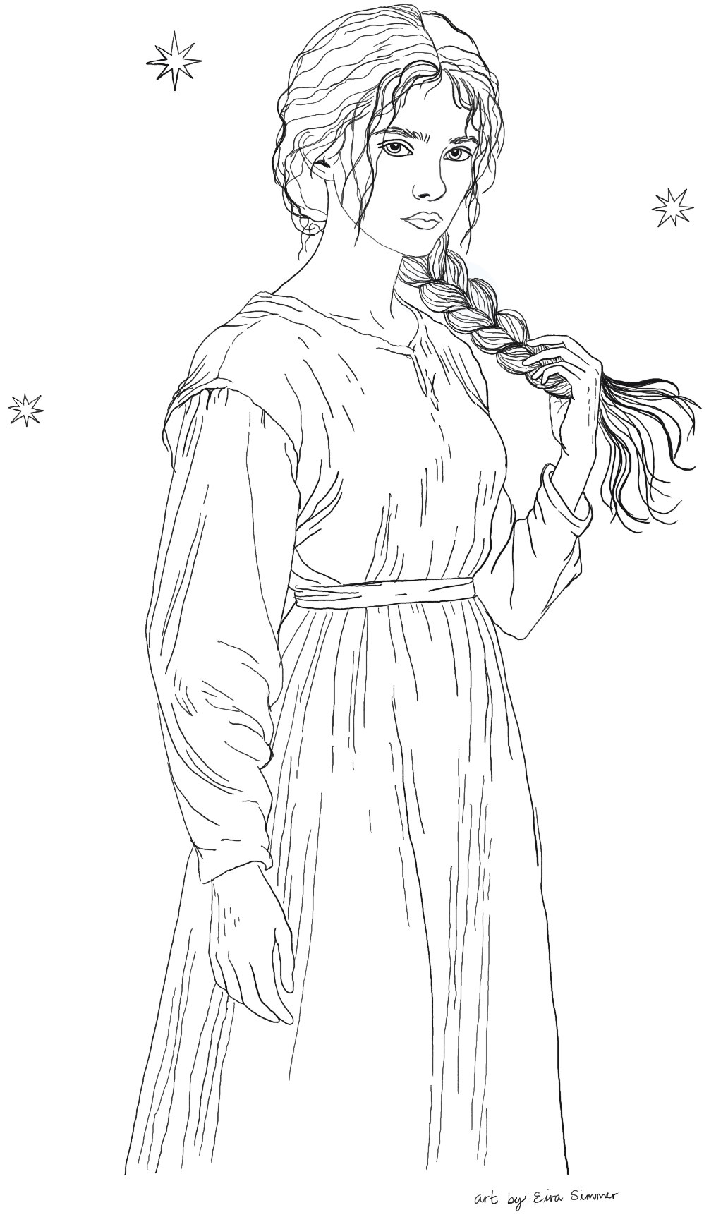 Black and white line drawing of Kilda from Talismans of Desire, a Norse romantasy novel by Eira Simmer, showing a woman with braided hair and a calm, thoughtful expression.