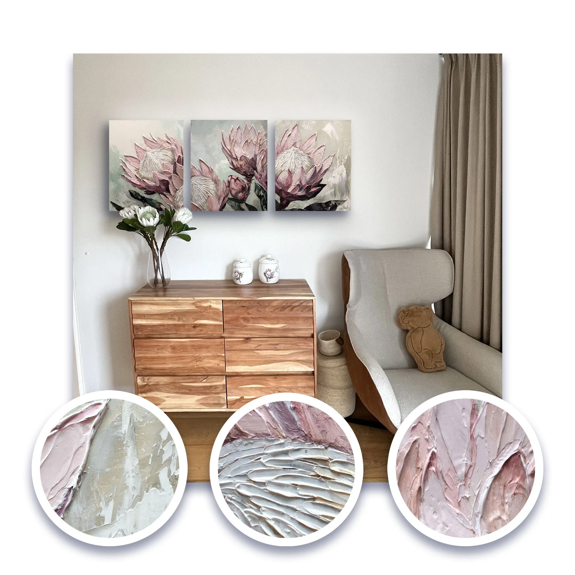 Proteas, 2026, 45 x 55cm, Acrylic impasto on Canvas 