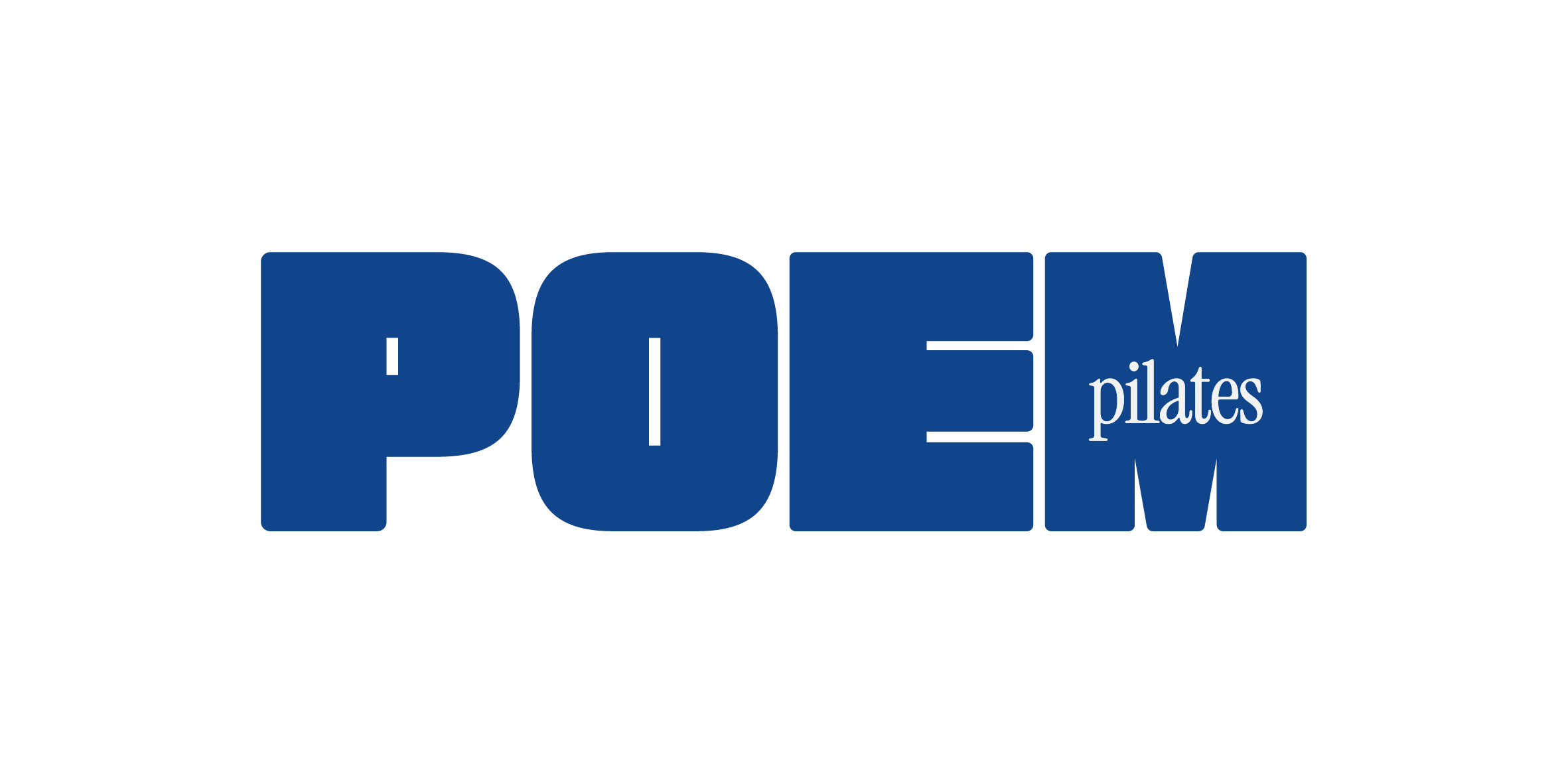 Logo for 'POEM pilates,' with 'POEM' in large bold blue letters and 'pilates' in smaller white letters inside the right side of the 'M'. POEM Pilates is the new era of pilates education, one that unites classical and contemporary movement.