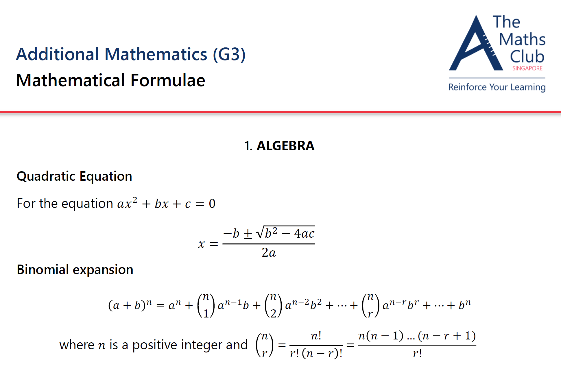Cover page of a mathematics worksheet or textbook titled 'Additional Mathematics (G3) Mathematical Formulae', featuring formulas for quadratic equations and binomial expansion, with a logo of The Maths Club Singapore in the top right corner.