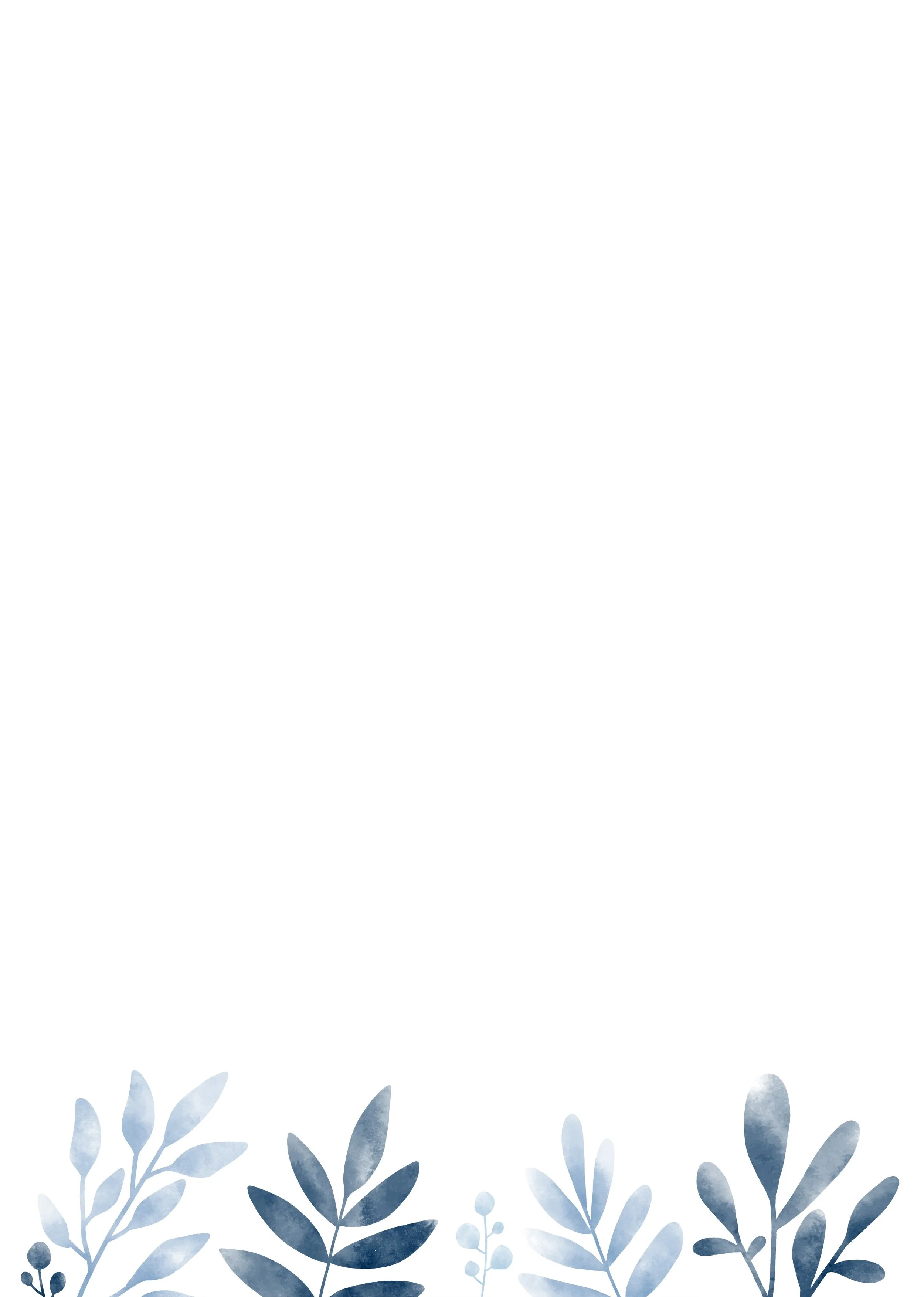 Blue watercolor leaves at the bottom of the image on a white background.