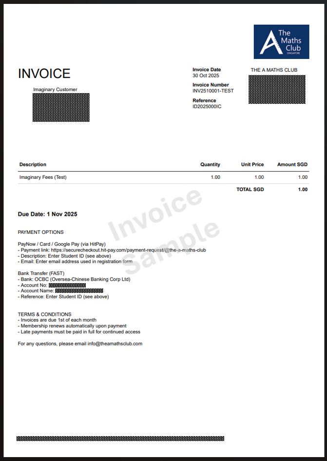 An invoice from the Math Club with a logo, invoice details, a description of imaginary fees, and payment instructions.
