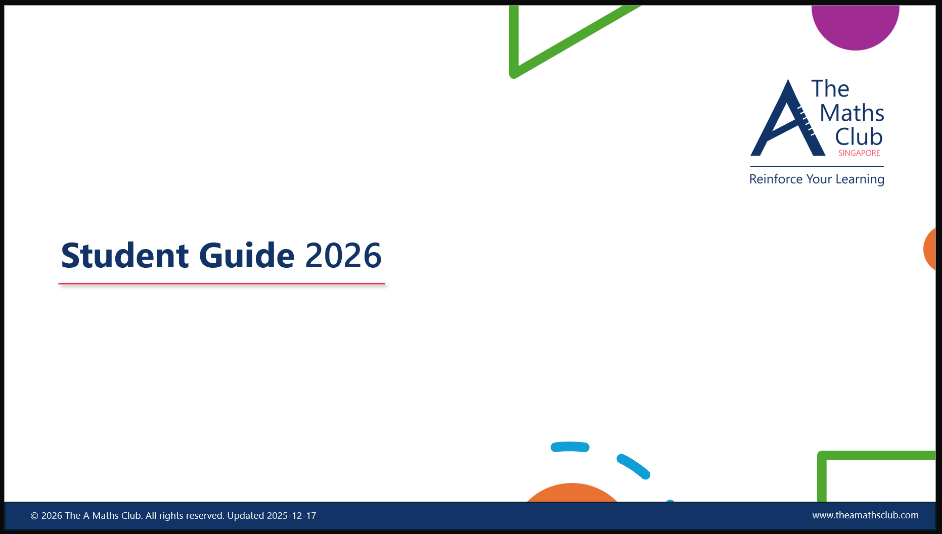 Cover page of The Maths Club Singapore Student Guide 2026 with logo, title, and colorful geometric design elements.