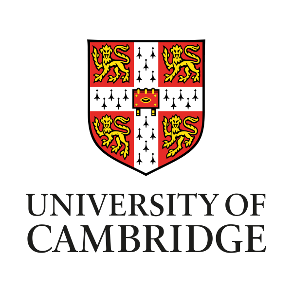 The University of Cambridge crest featuring a shield with lions, a rope cross, and black symbols, with the text 'University of Cambridge' beneath.