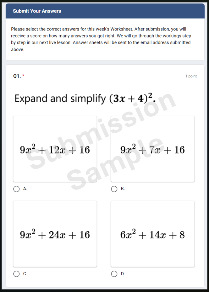 Online math quiz question asking to expand and simplify the expression (3x + 4)^2, with four multiple-choice options for the answer.