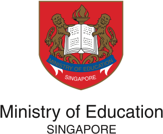 The emblem of the Singapore Ministry of Education featuring a shield with an open book, two lions, a flame, and a blue banner with the text 'Ministry of Education Singapore'.
