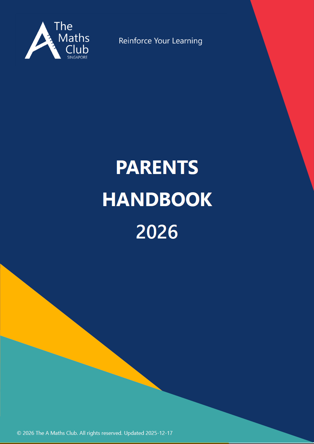 Cover page of the 2026 Parents Handbook for The Maths Club Singapore, featuring a blue background with colorful geometric shapes and the club's logo in the top left corner.