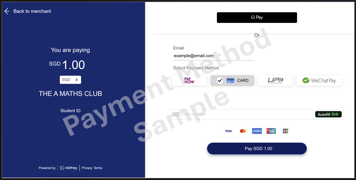 Online payment screen showing a payment of SGD 1.00 for THE A MATHS CLUB, with options to pay via credit card, UPI, or WeChat Pay, and displaying various credit card logos.