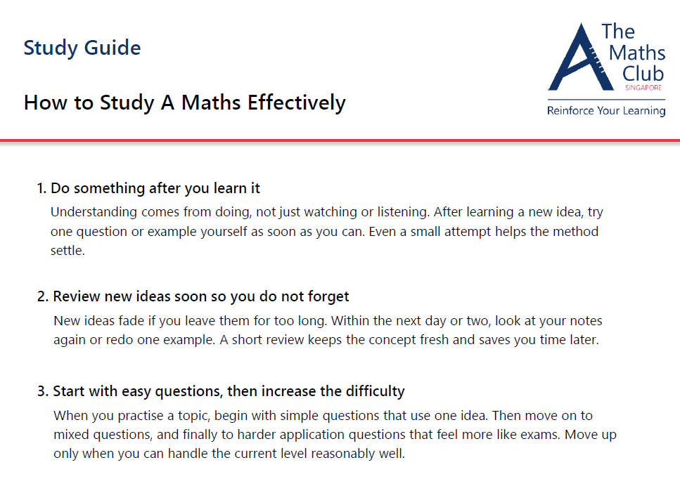 Study guide page titled 'How to Study A Maths Effectively' from The Maths Club Singapore, with tips on effective studying.