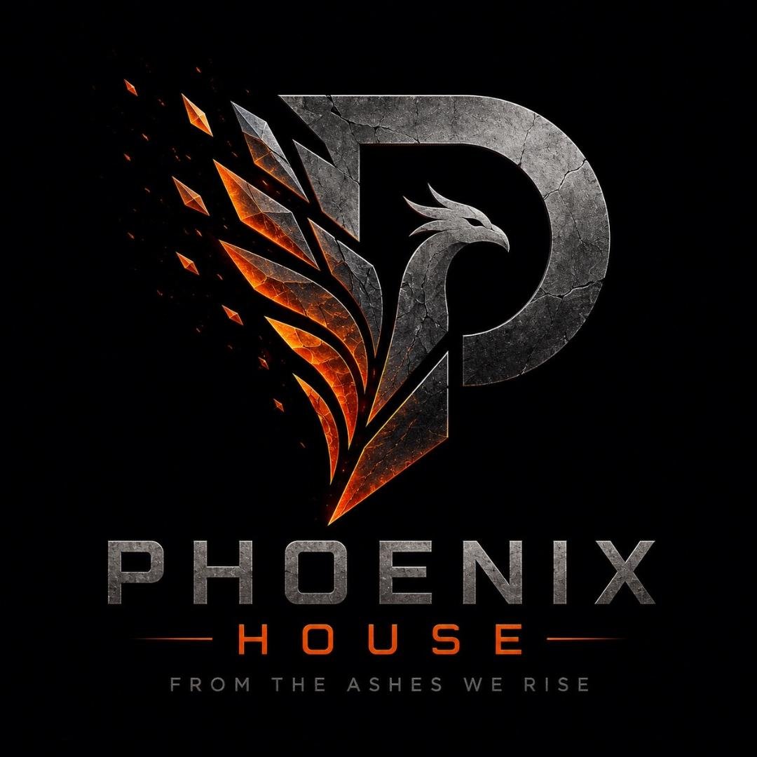A logo featuring a large letter P with a phoenix head and fiery feathers, cracked stone texture, flames in orange and red hues, and the words 'Phoenix House' with the tagline 'From the ashes we rise' on a black background.