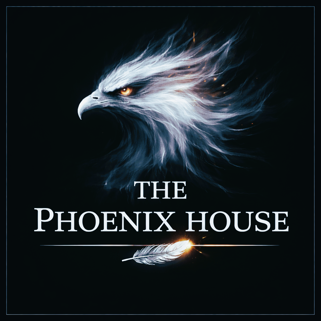 A digital illustration of a phoenix's head with fiery, luminous details in a fiery and smoky style, above the text 'The Phoenix House' with a feather and spark design.