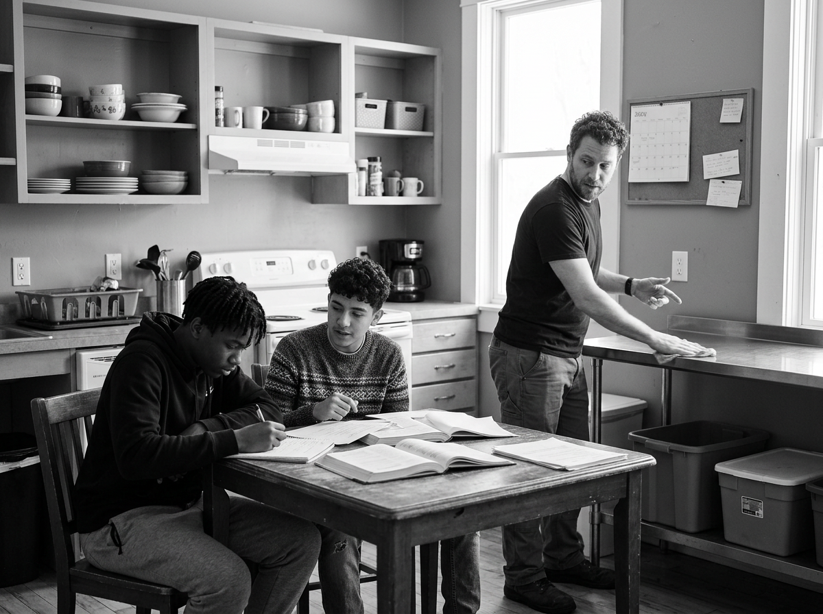 Two teenage boys sitting at a wooden table with open notebooks and textbooks, studying, while an adult male teacher stands nearby and gestures, possibly explaining a lesson, in a kitchen with open shelves, windows, and various kitchen appliances.
