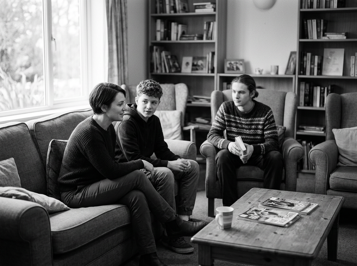 Three teenagers sitting in a living room, conversing and holding a book, with bookshelves and large window in the background.