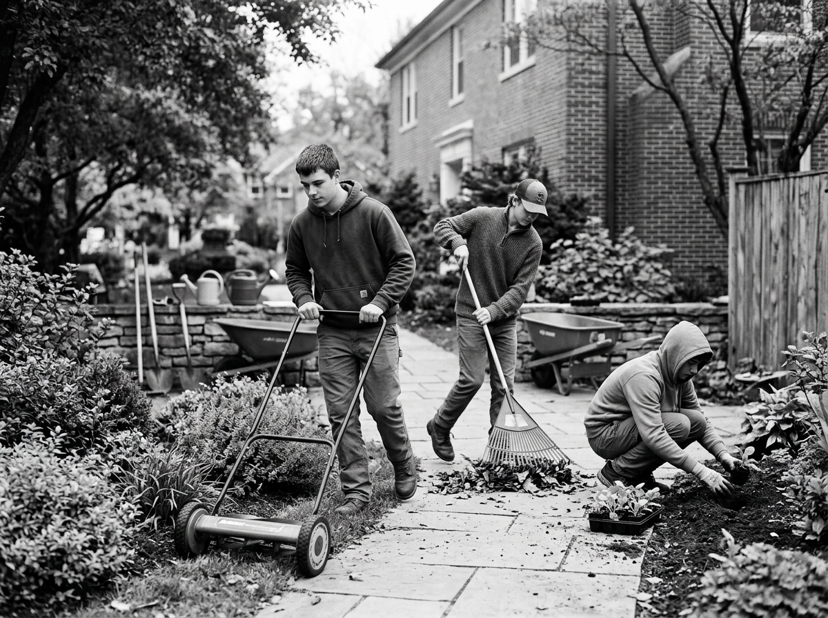 Three people working together to clean and tend to a garden outside a brick house. They are using gardening tools, one person raking leaves, another watering, and the third planting or weeding in the soil. The scene is in a residential area with trees, bushes, and a wooden fence.