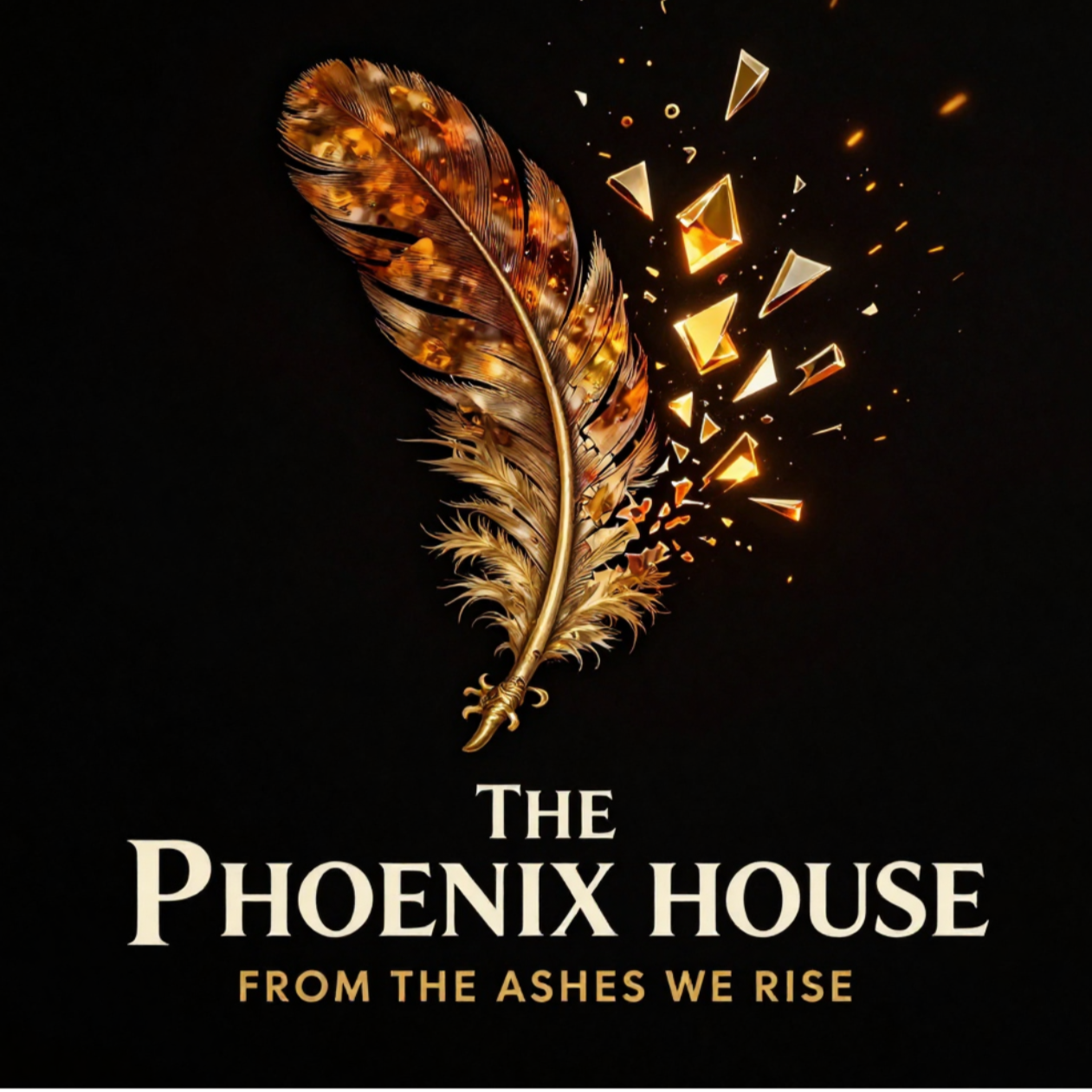 A gold and brown feather with glowing golden shards breaking off, accompanied by the text 'The Phoenix House' and the tagline 'From the ashes we rise' on a black background.
