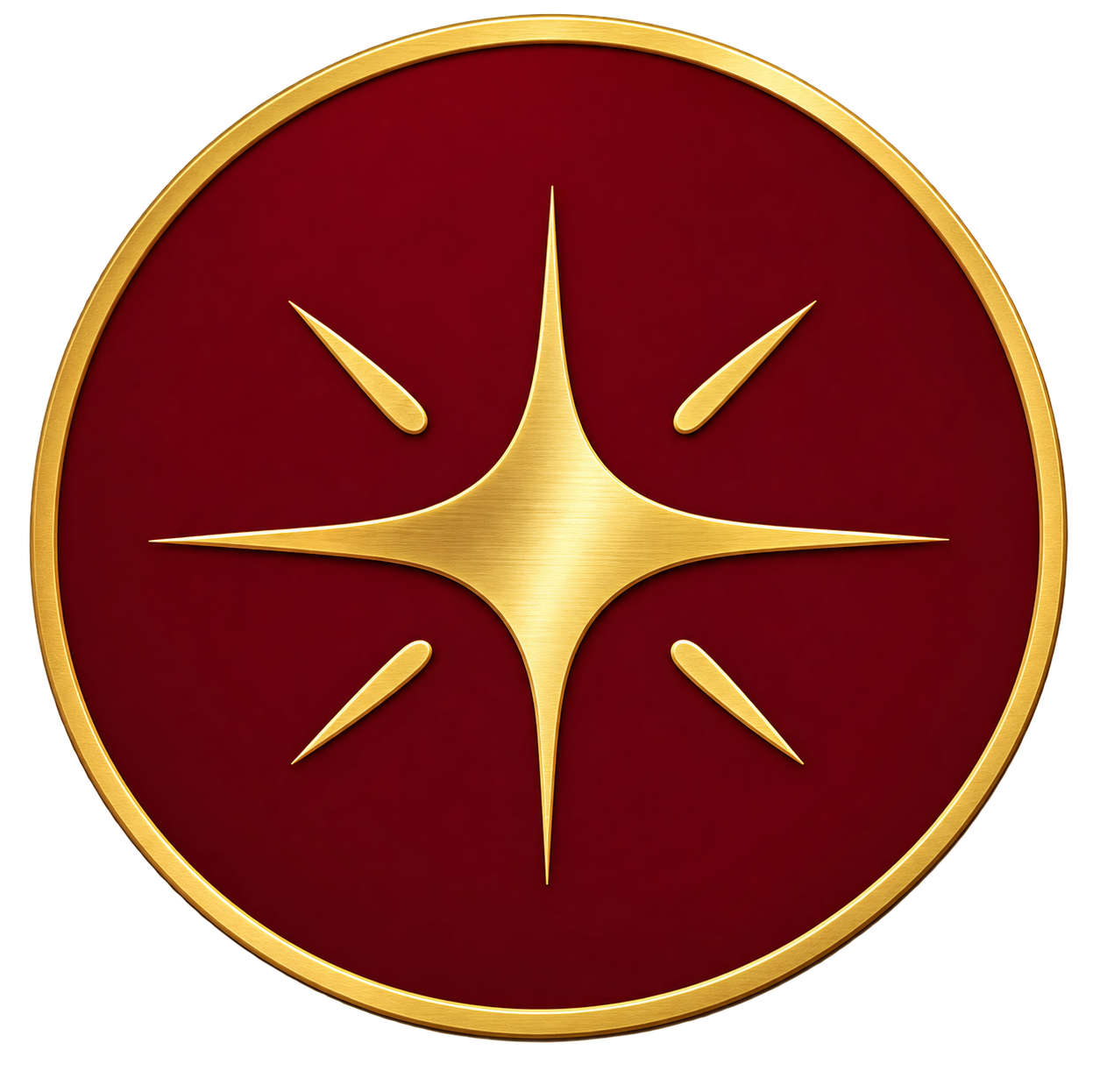 A round wall clock with a deep red background, gold frame, and gold hour markers in a minimalist design.