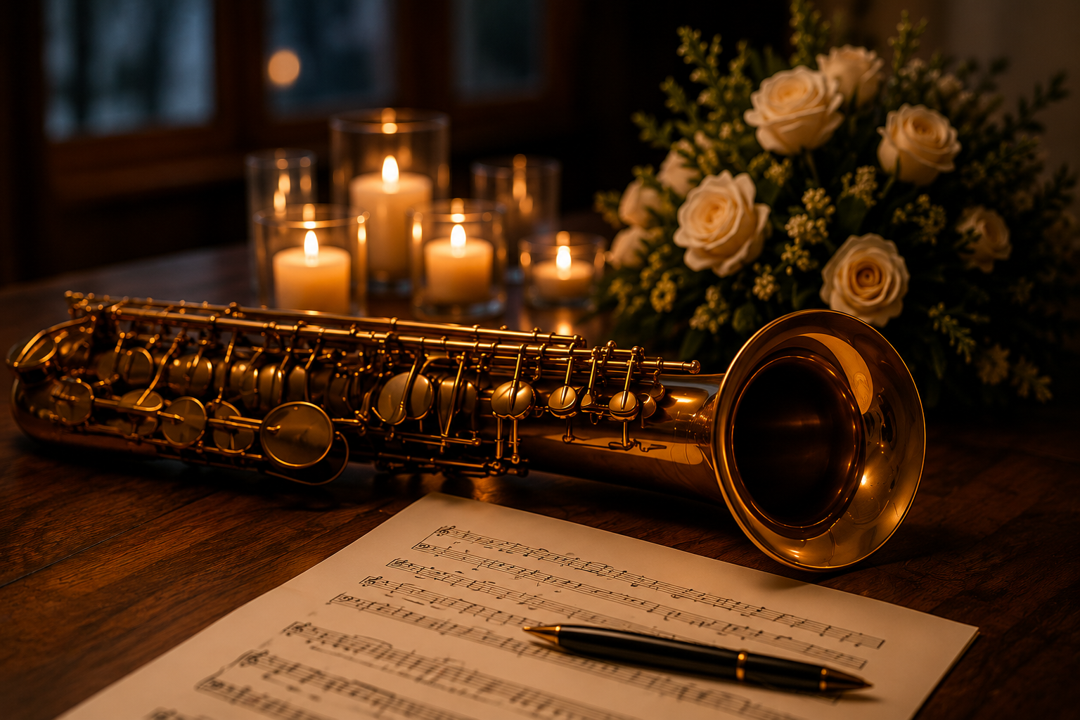 A gold-colored saxophone lies on a wooden table with a sheet of music and a pen. In the background, there are lit candles and a bouquet of white roses and yellow flowers.