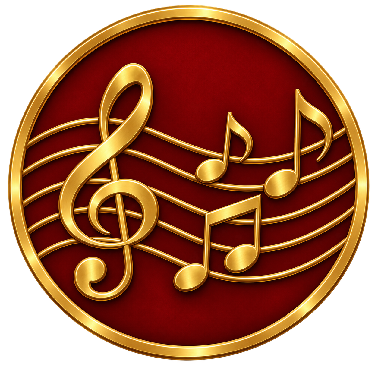 Gold medal featuring musical notes and a treble clef on a dark red background.