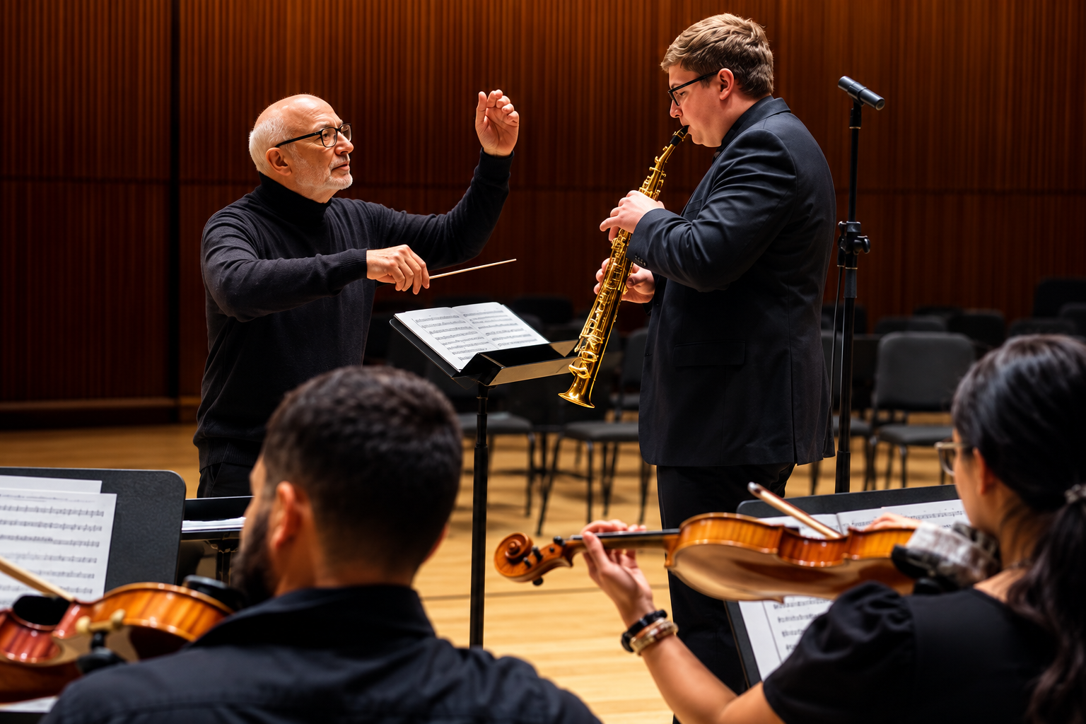 NYC conductor, Jean-Pierre Schmitt, plays with Cory Woolley, saxophonist during a rehearsal in a concert hall, with other musicians playing violins in the foreground.