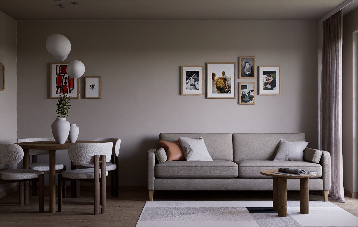 Living room with gray sofa, white pillows, and a round wooden coffee table with rolled-up magazine, beige walls, and a gallery wall of framed photos and artwork. Dining area with a wooden table, white chairs, and a vase with green foliage. Large window with curtains, modern spherical ceiling lights.