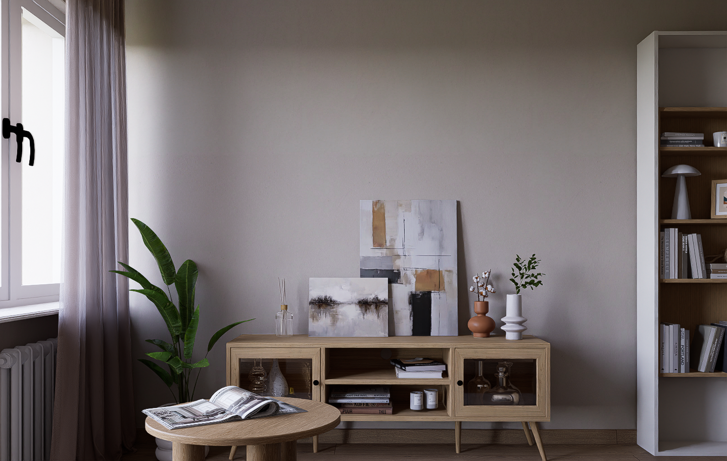 Living room with a beige sideboard, potted plants, abstract art, and a small wooden table with an open magazine.
