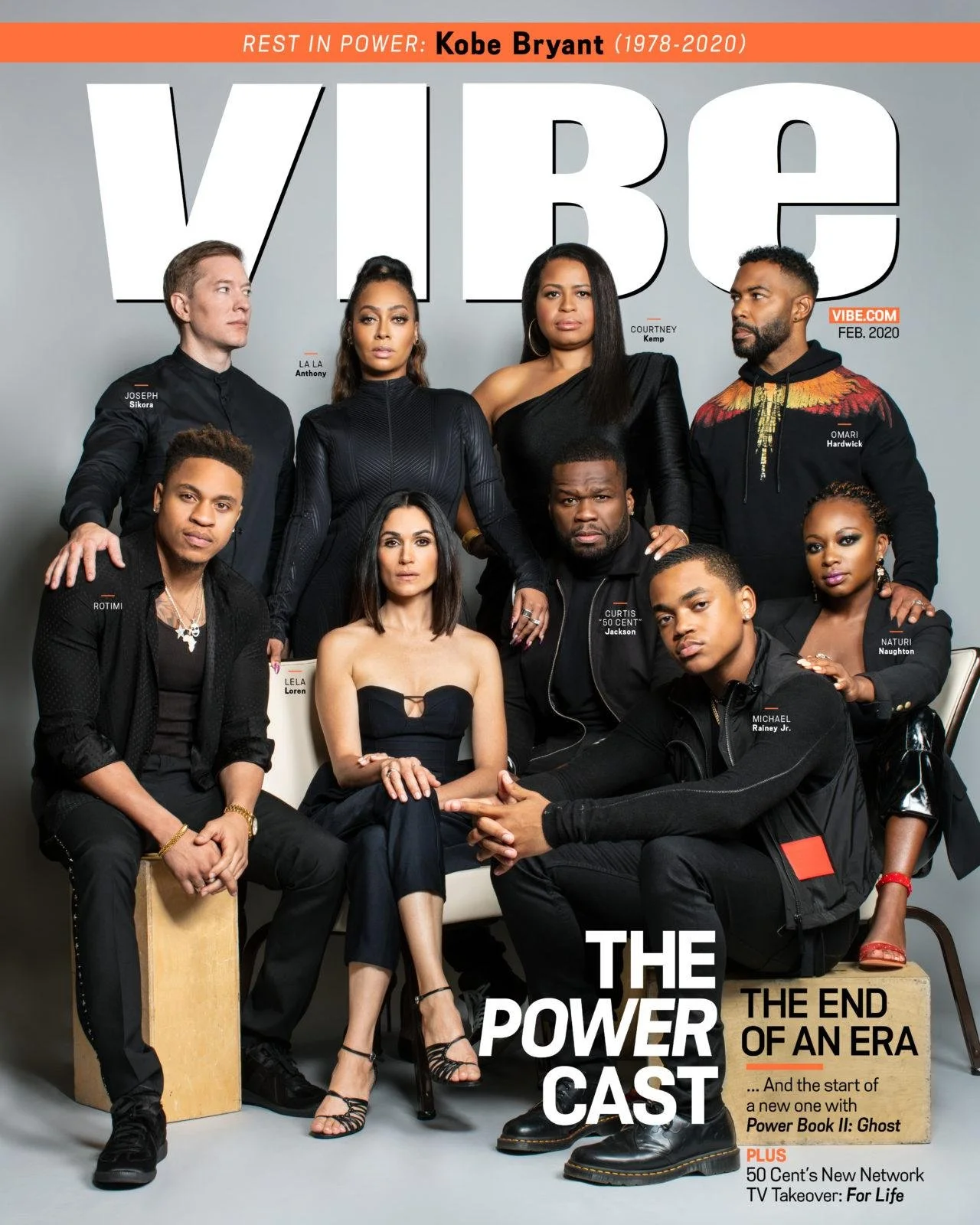 Cover of Vibe magazine featuring the cast of 'Power Book II: Ghost,' including Michael Rainey Jr., Naturi Naughton, Lovell Adams-Gray, and others in fashionable black attire, with headlines about Kobe Bryant and new TV network.