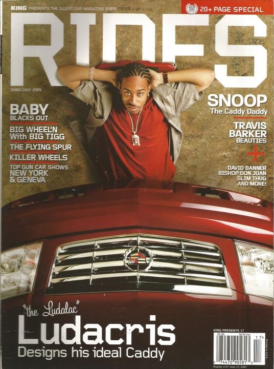 Magazine cover of King magazine featuring Ludacris laying on top of a red Cadillac, with the title 'Rides' and various article headlines.