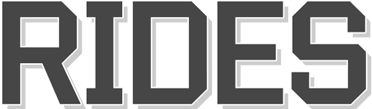 The word "RIDES" in bold, outlined black and white text.