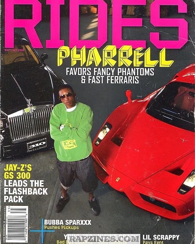 Magazine cover featuring a man in a green hoodie and shorts standing between a black luxury car and a red sports car, with bold text about cars and famous personalities.