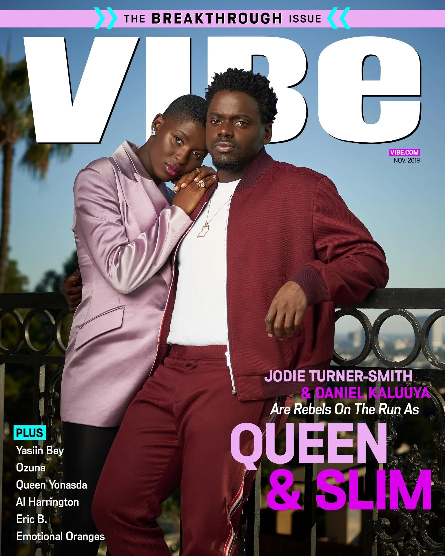 Cover of VIBE magazine's November 2019 issue featuring Jodie Turner-Smith and Daniel Kaluya posing outdoors with cityscape in the background, wearing stylish clothing.