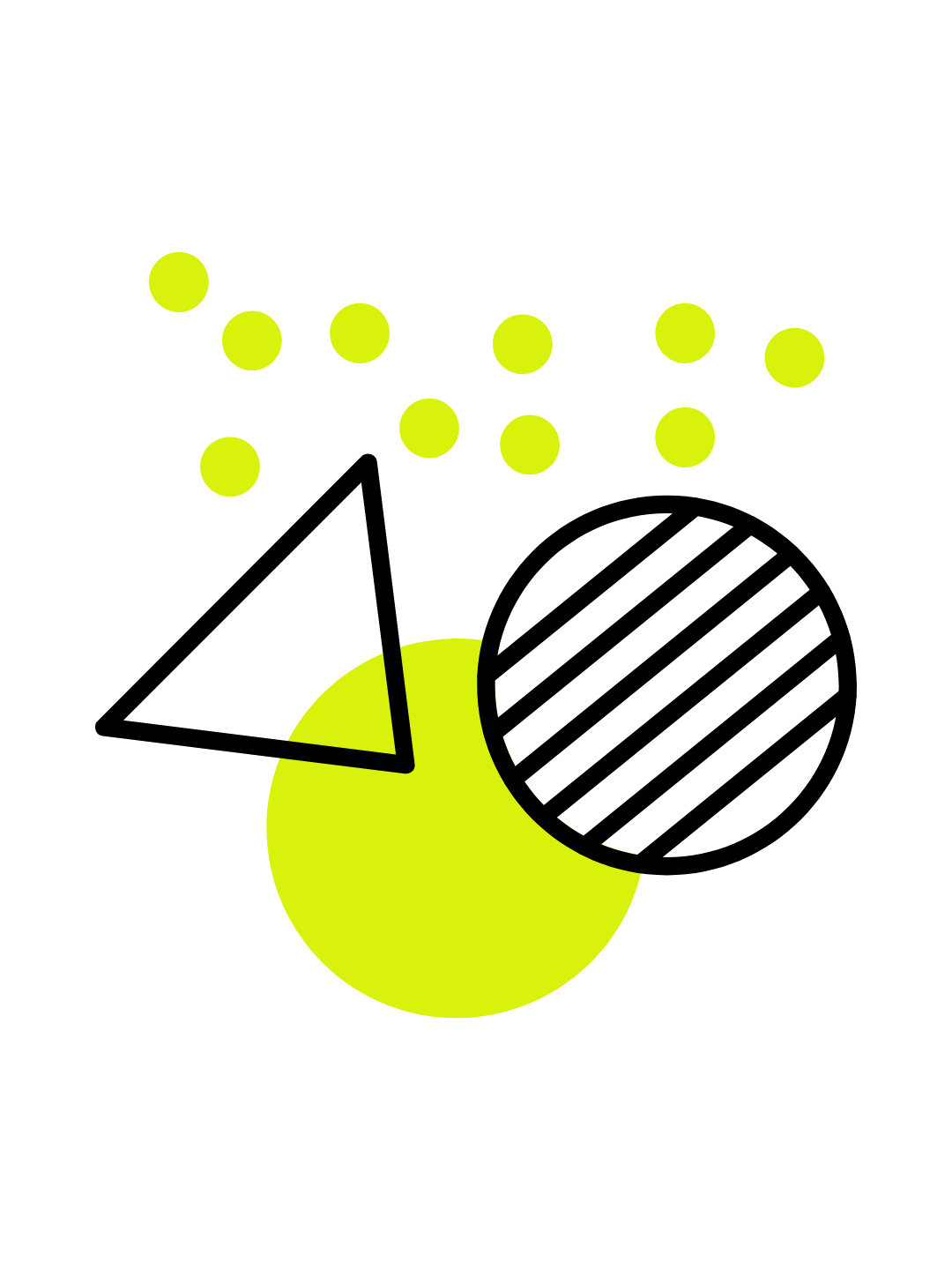 A black and white diagram of a baseball with a yellow pie chart and yellow dots representing data points.