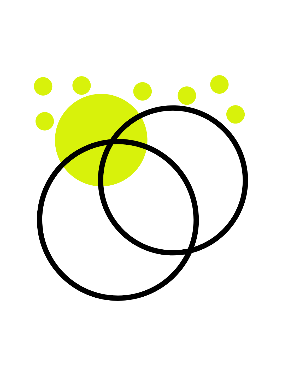 A stylized tennis ball with a yellow-green color and black lines, surrounded by small yellow dots on a black background.