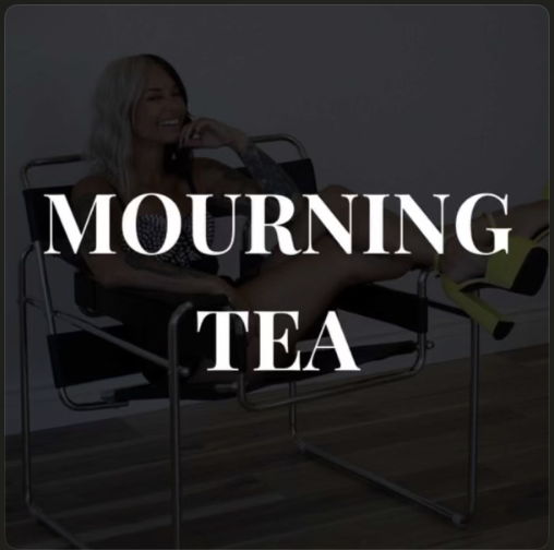 Image of a lady in a chair with text over layed