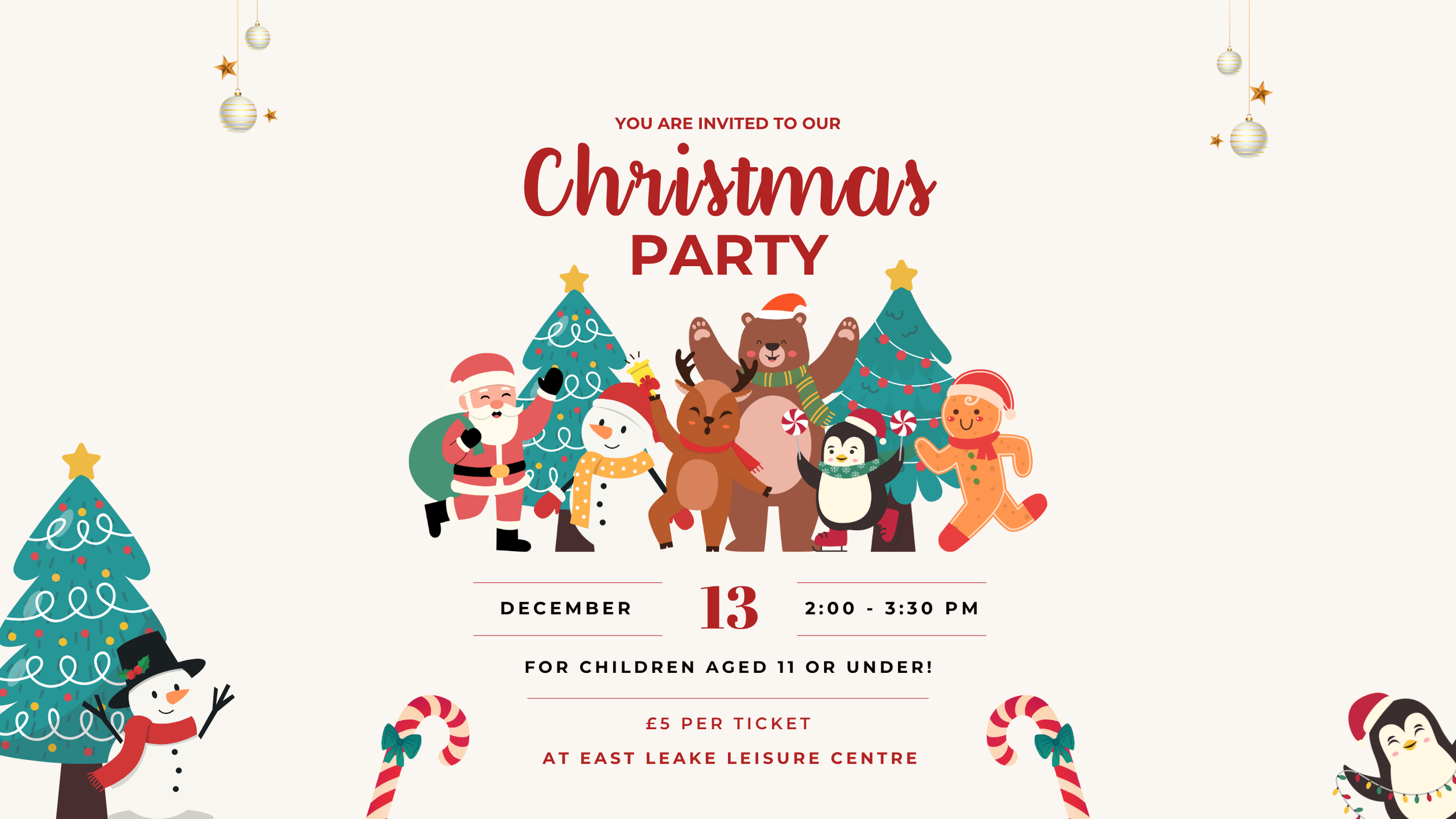 Christmas party invitation with festive characters including Santa, snowman, reindeer, bear, penguin, gingerbread man, decorated Christmas trees, ornaments, and candy canes.