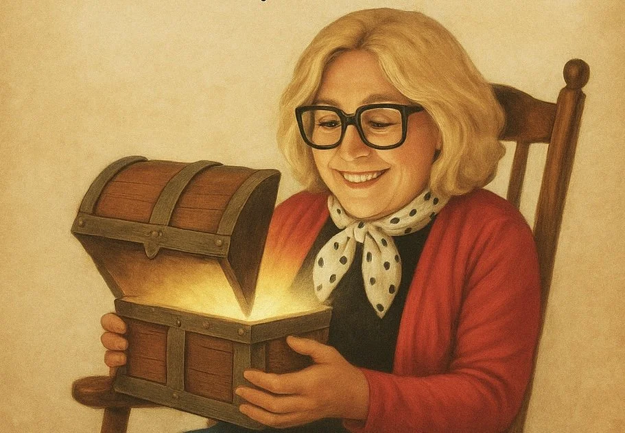 Jeanne's own character treasure chest, filled with trinkets from years of stories