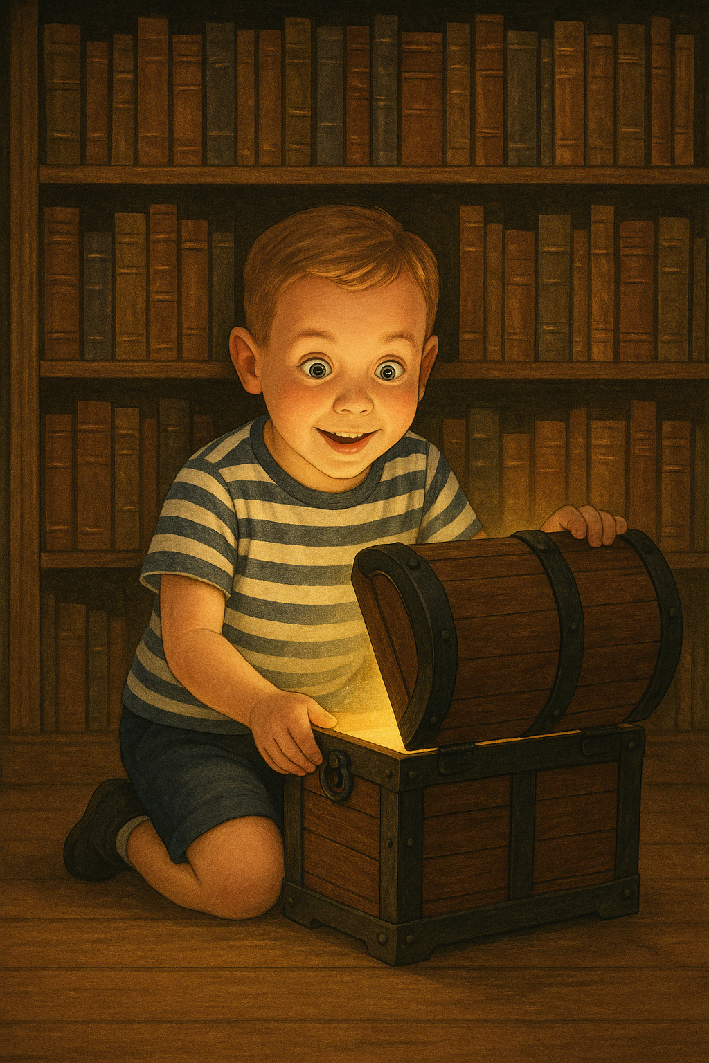 Illustration of a boy opening a glowing treasure chest
