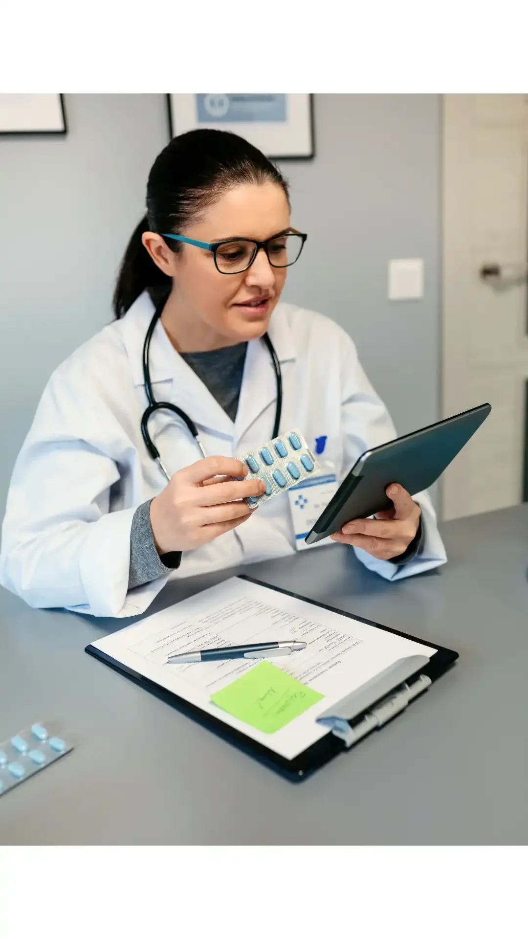 A female doctor with glasses, wearing a white coat and stethoscope, sitting at a desk with medical supplies, a clipboard, and a tablet, looking at medication tablets and a digital device.