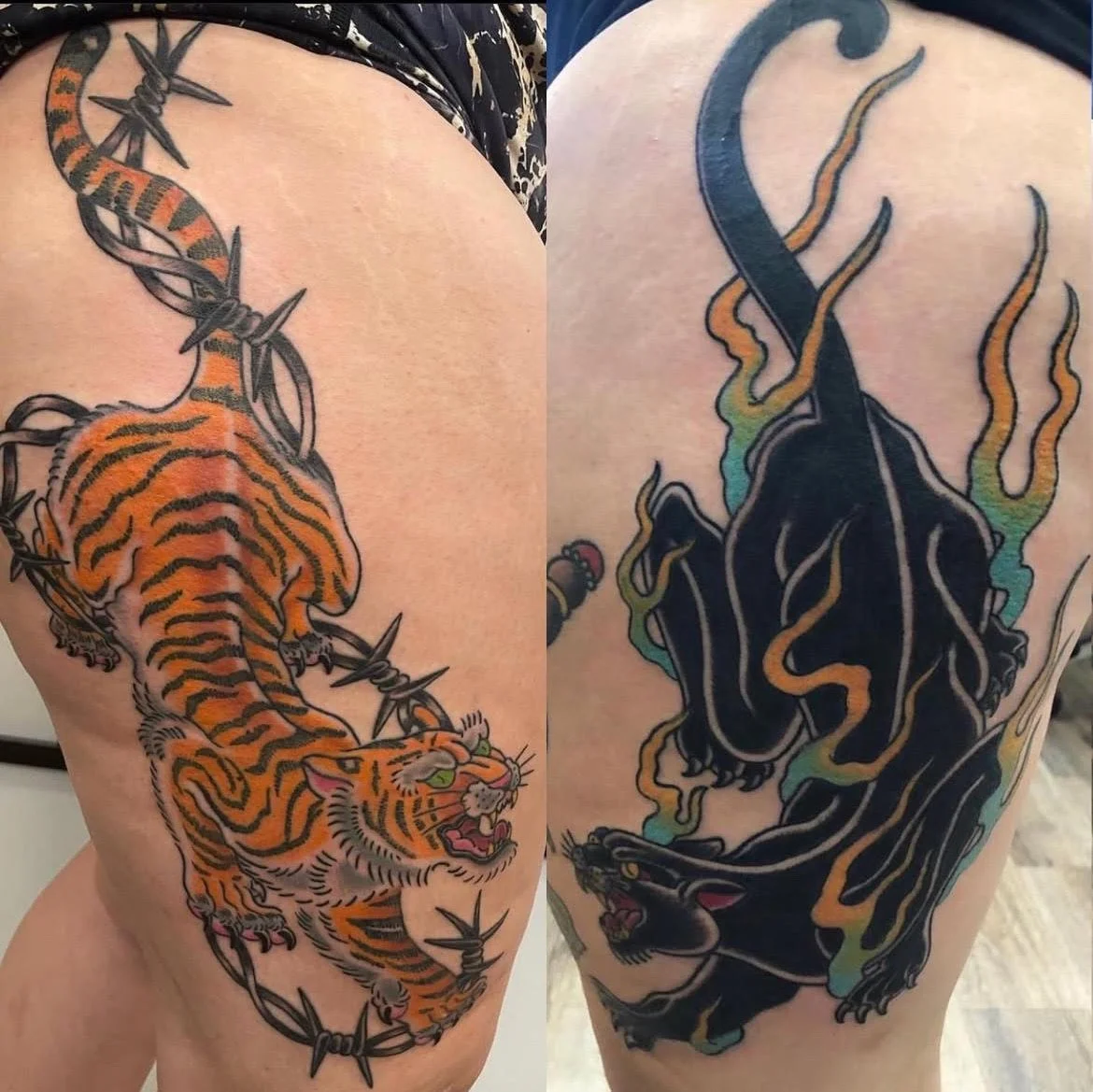 Paired tattoos depicting a tiger entangled in barbed wire and a panther framed in flowing smoke. The contrast between orange and black highlights their fierce energy and traditional tattoo roots.