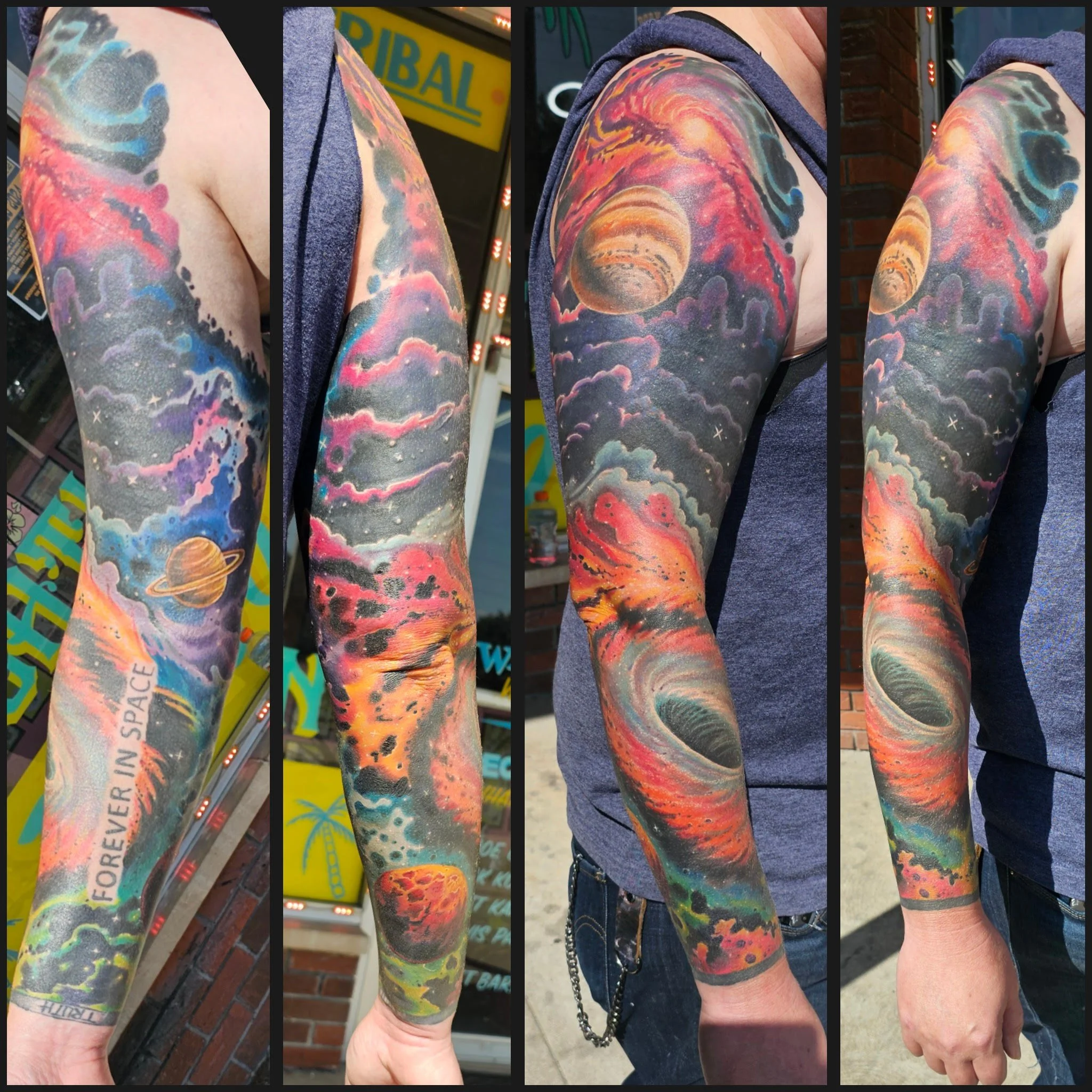 This full-arm sleeve showcases swirling galaxies, planets, and cosmic dust in intense reds, oranges, purples, and blues. The atmospheric blending and cloud-like textures create a depth-filled, immersive space aesthetic that wraps seamlessly around th