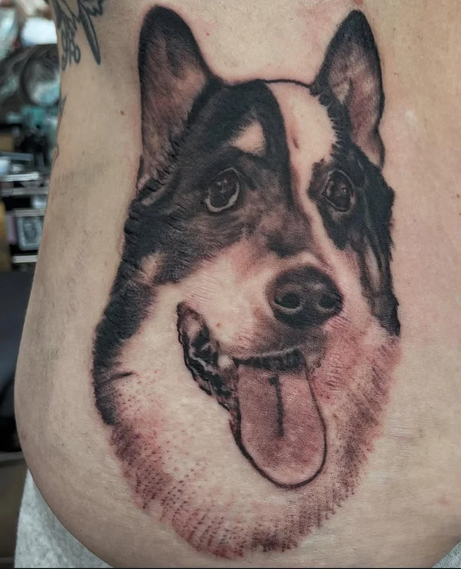 A realistic black and grey portrait of a smiling dog with bright, expressive eyes and a lifelike texture. The soft shading and careful detail bring out the pet’s personality and warmth beautifully.
