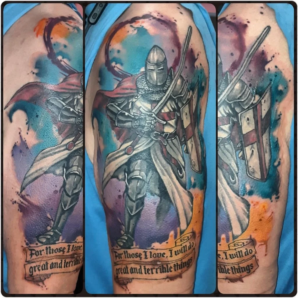 A dramatic armored knight stands mid-stride with a sword and shield, surrounded by a vibrant watercolor explosion of blues, purples, and oranges. The bold illustrative linework and dynamic splashes of color create an epic battle-scene atmosphere that