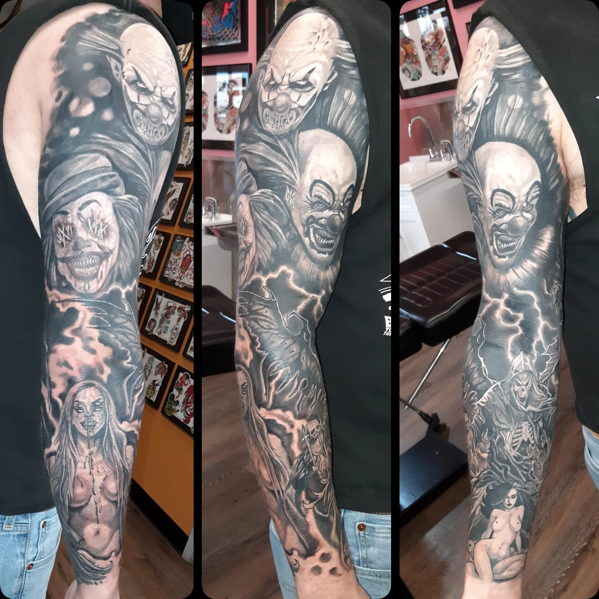 This full black-and-grey sleeve showcases a series of sinister clown and horror characters, each rendered with dramatic shading, textured detail, and moody lighting. The swirling smoke, lightning effects, and eerie figures create a dark, immersive at