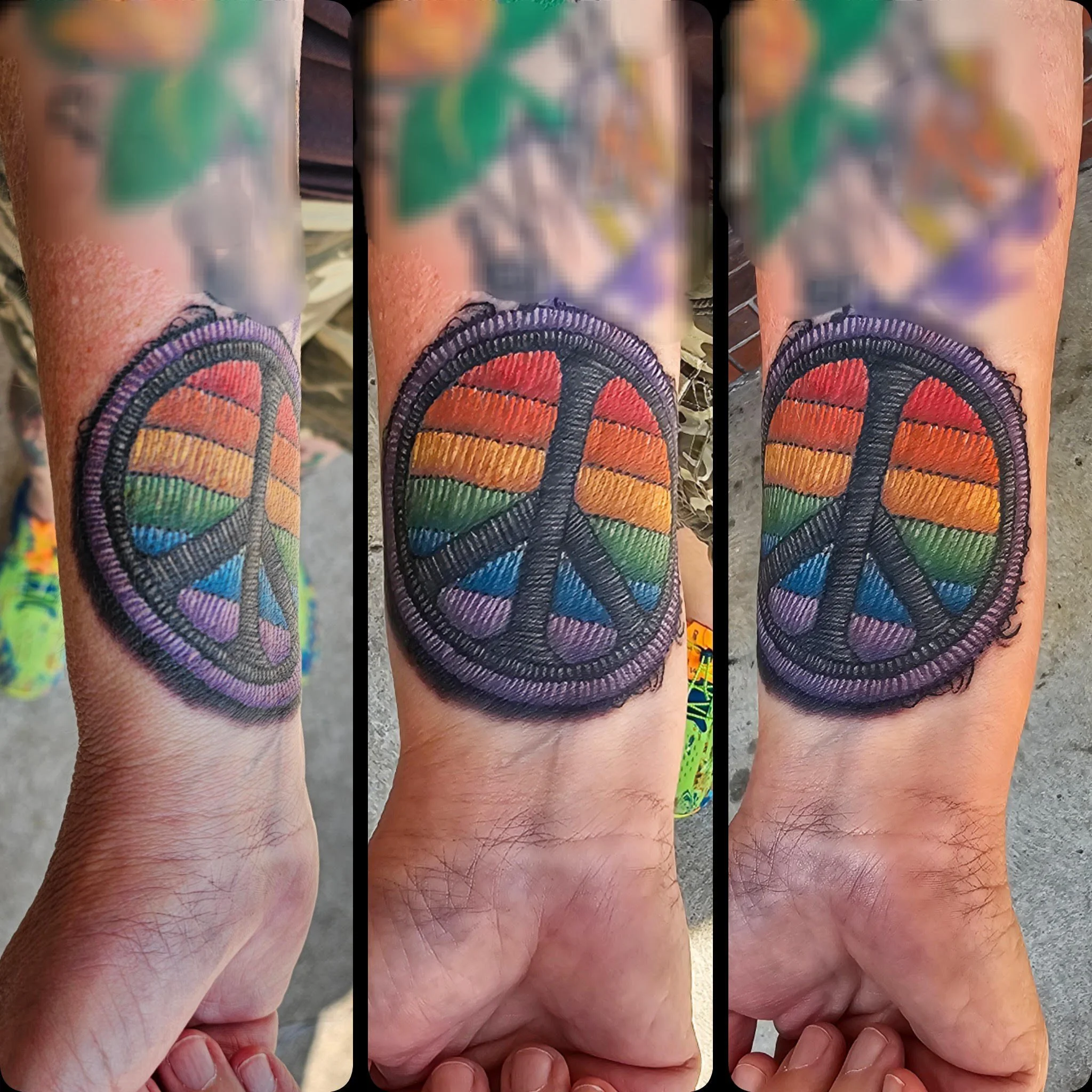 A rainbow-striped peace symbol is tattooed in the style of an embroidered patch, complete with textured stitch details. The soft shading and layered colors create a convincing fabric-like illusion with bright, eye-catching appeal.