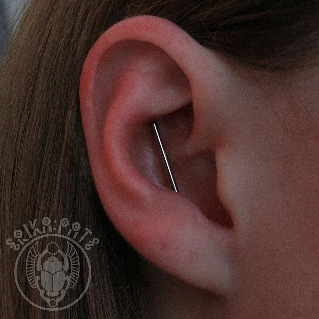 Close-up of a person’s ear with a dermal piercing being made with a needle.